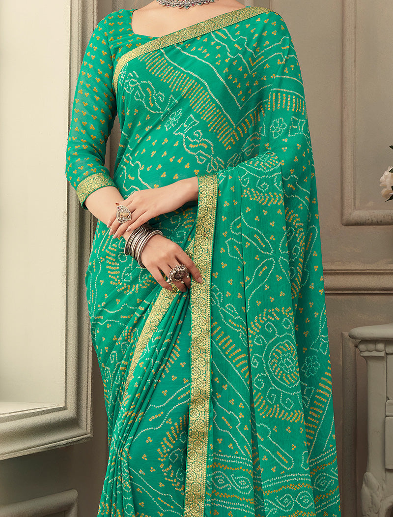Green Simayaa Chiffon With Tassels and Banarasi Border Ruchi Printed Sarees