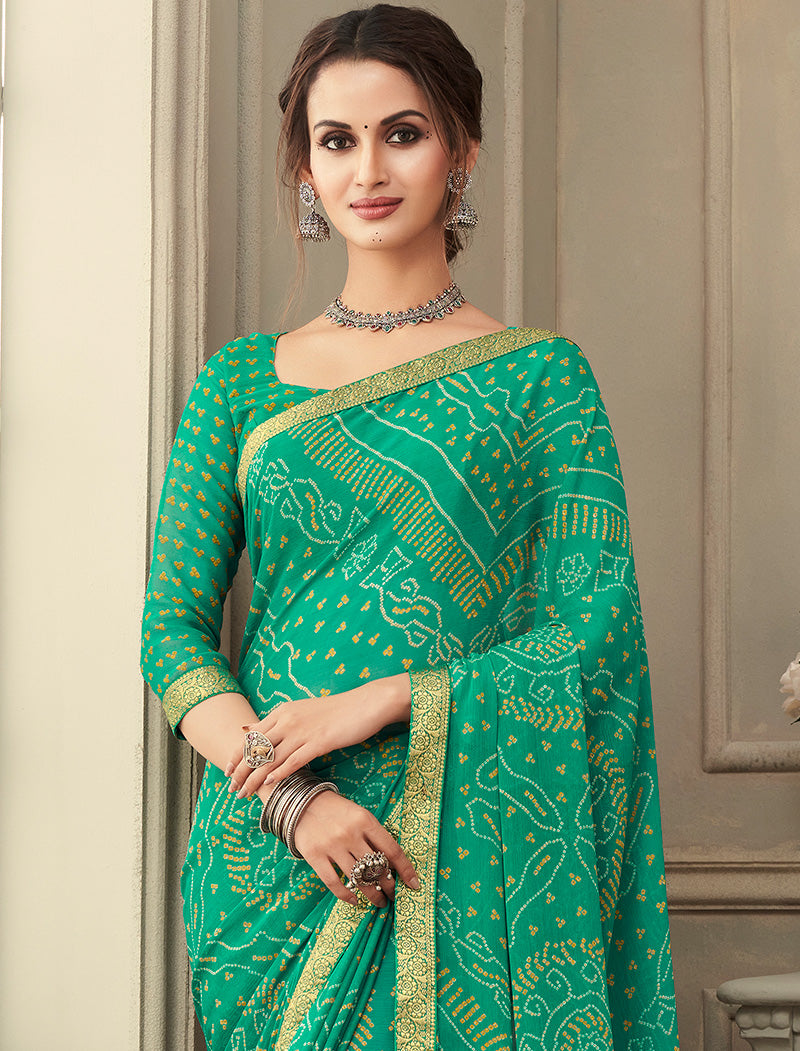 Green Simayaa Chiffon With Tassels and Banarasi Border Ruchi Printed Sarees