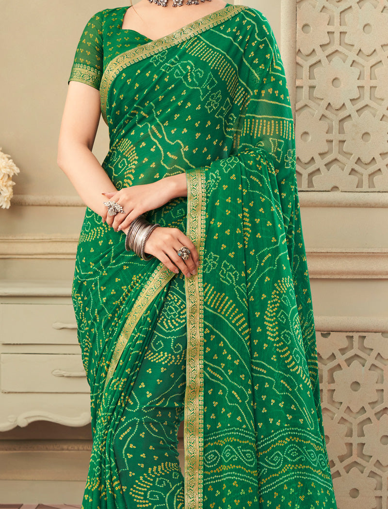 Olive Green Simayaa Chiffon With Tassels and Banarasi Border Ruchi Printed Sarees