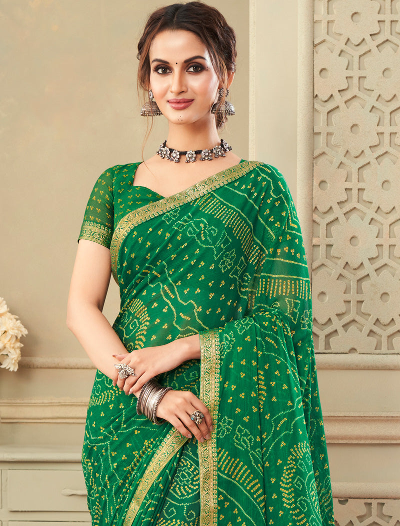 Olive Green Simayaa Chiffon With Tassels and Banarasi Border Ruchi Printed Sarees