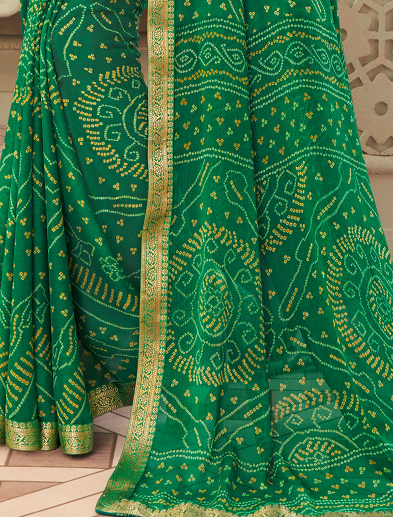 Olive Green Simayaa Chiffon With Tassels and Banarasi Border Ruchi Printed Sarees