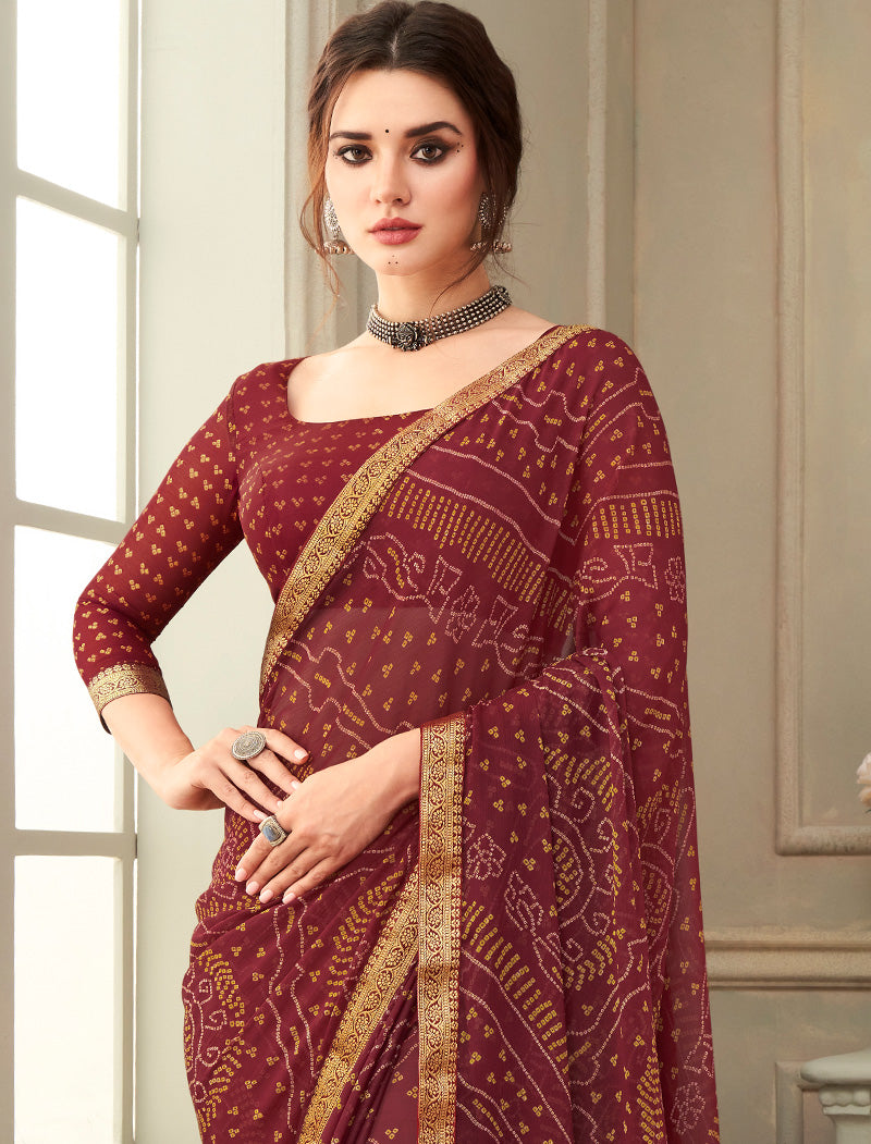Brown Simayaa Chiffon With Tassels and Banarasi Border Ruchi Printed Sarees