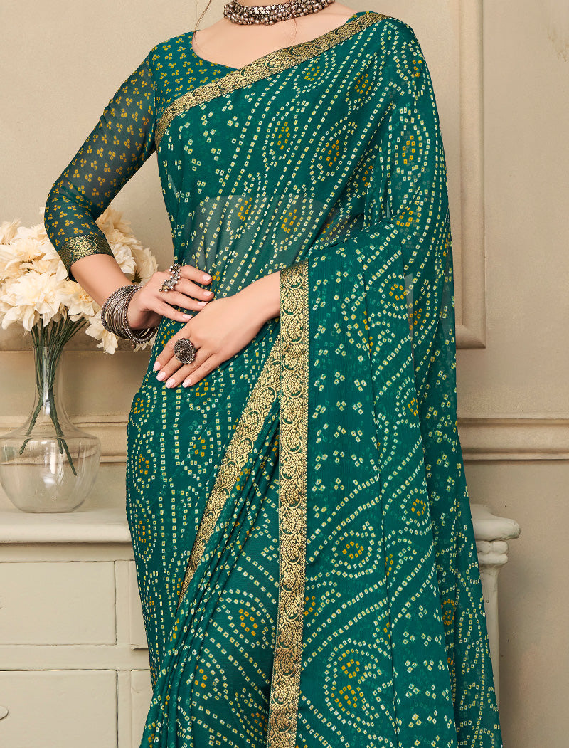 Dark Green Simayaa Chiffon With Tassels and Banarasi Border Ruchi Printed Sarees