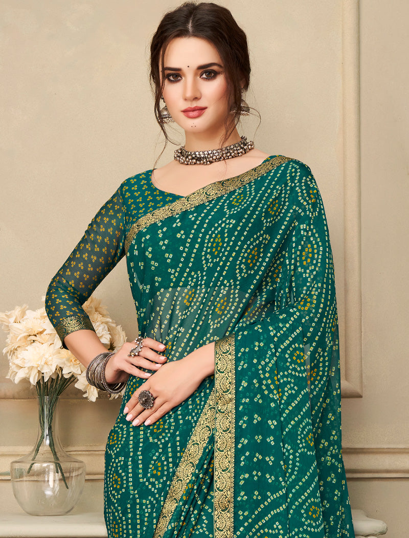 Dark Green Simayaa Chiffon With Tassels and Banarasi Border Ruchi Printed Sarees