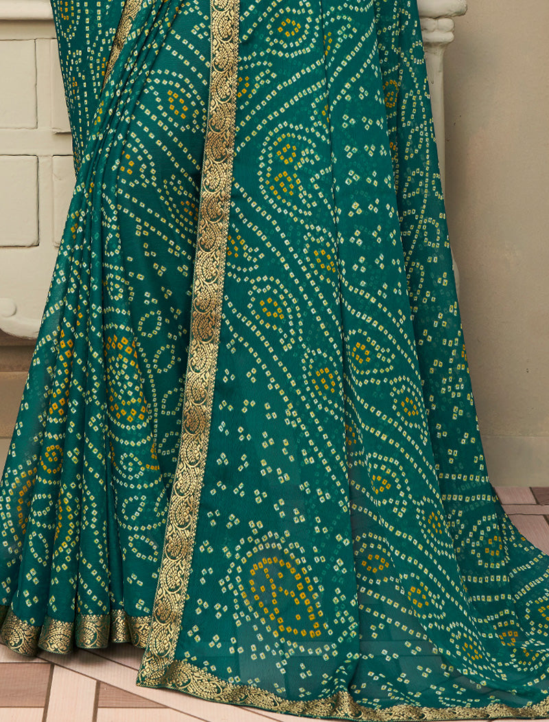 Dark Green Simayaa Chiffon With Tassels and Banarasi Border Ruchi Printed Sarees