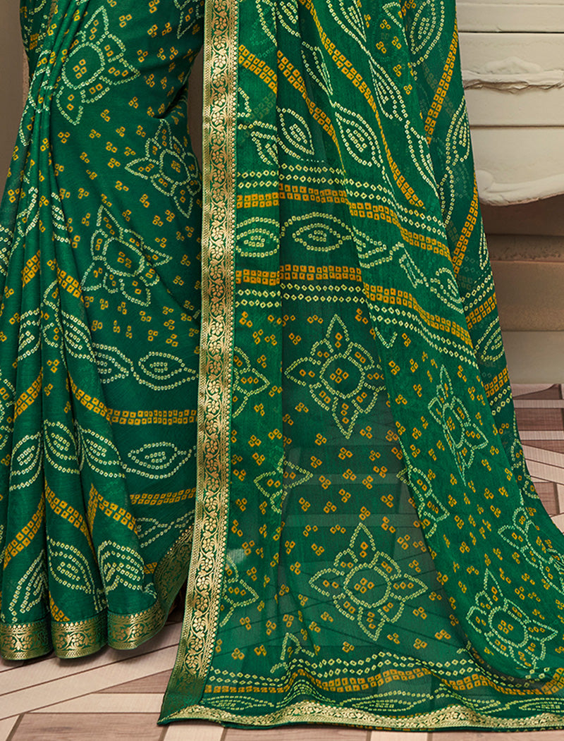 Olive Green Simayaa Luxurious Chiffon With Tassels and Banarasi Border Ruchi Printed Sarees