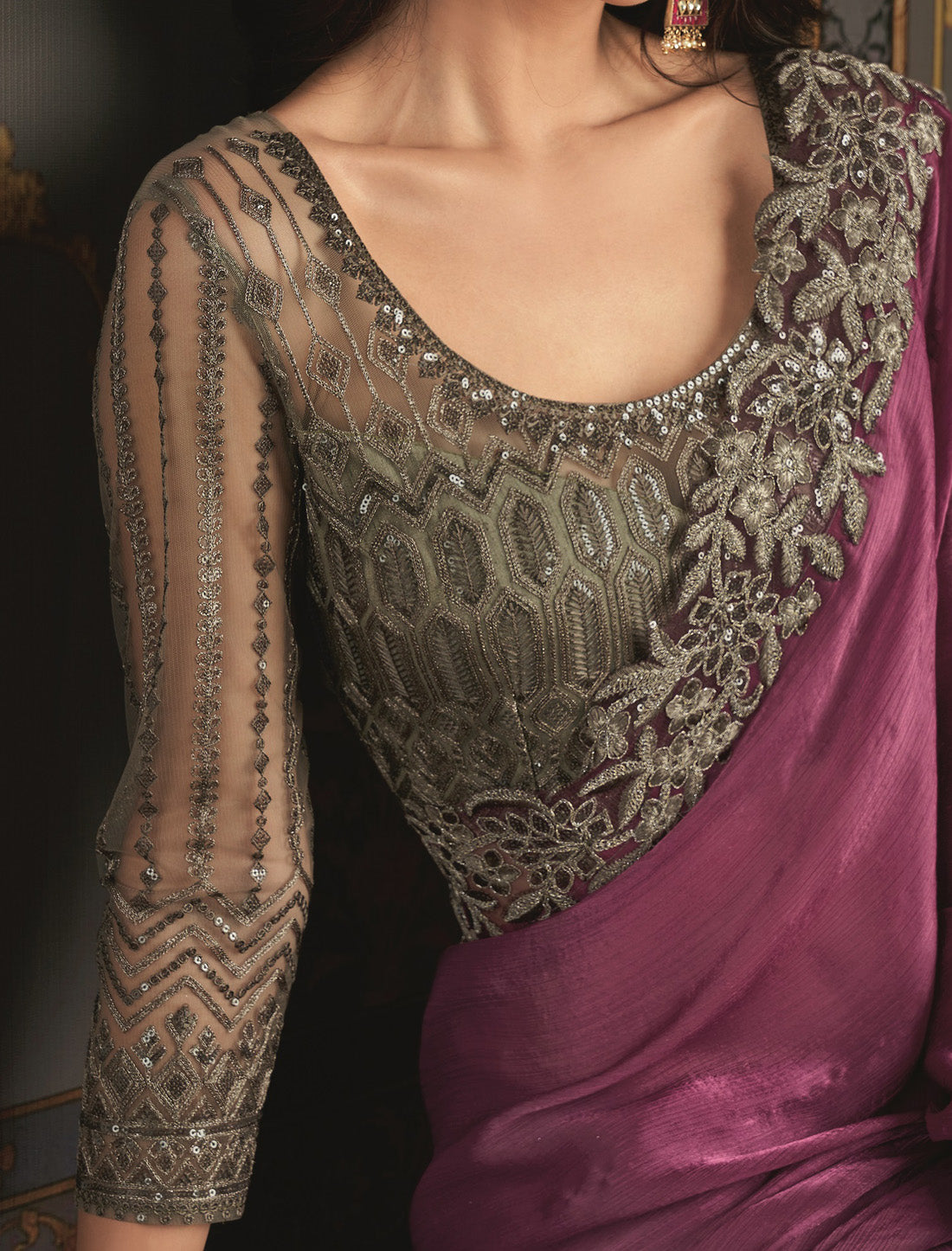 Elevate High-Quality Satin Silk Chiffon With Banglori Blouse For Women
