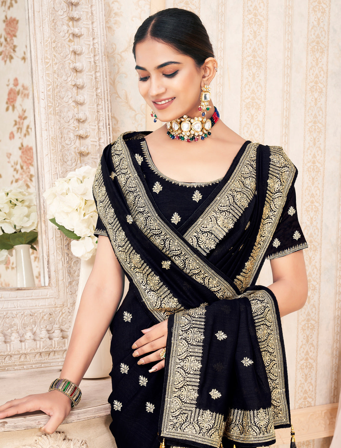 Black Traditional Wedding Vichitra Silk Saree For Women