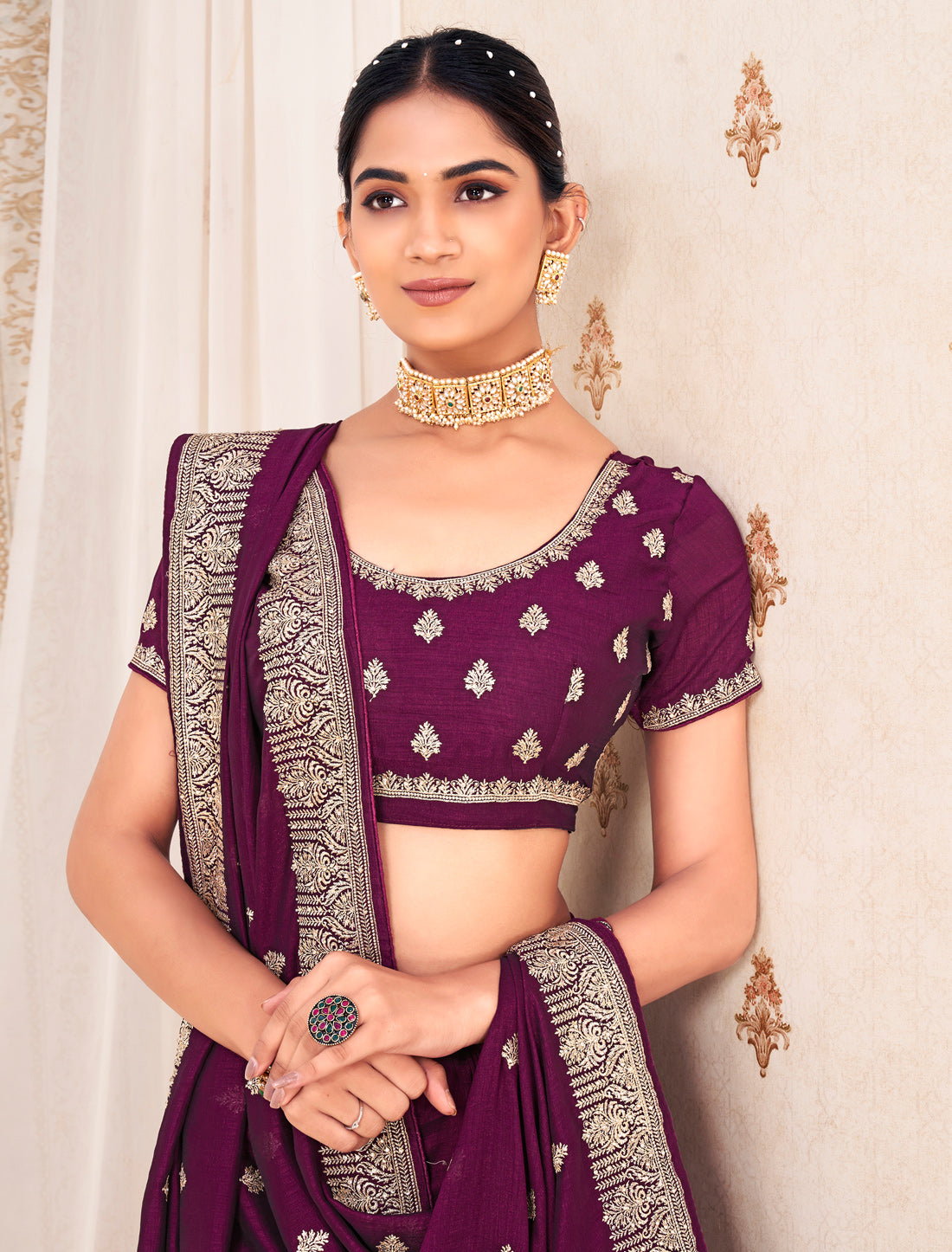 Pansy Purple Traditional Wedding Vichitra Silk Saree For Women