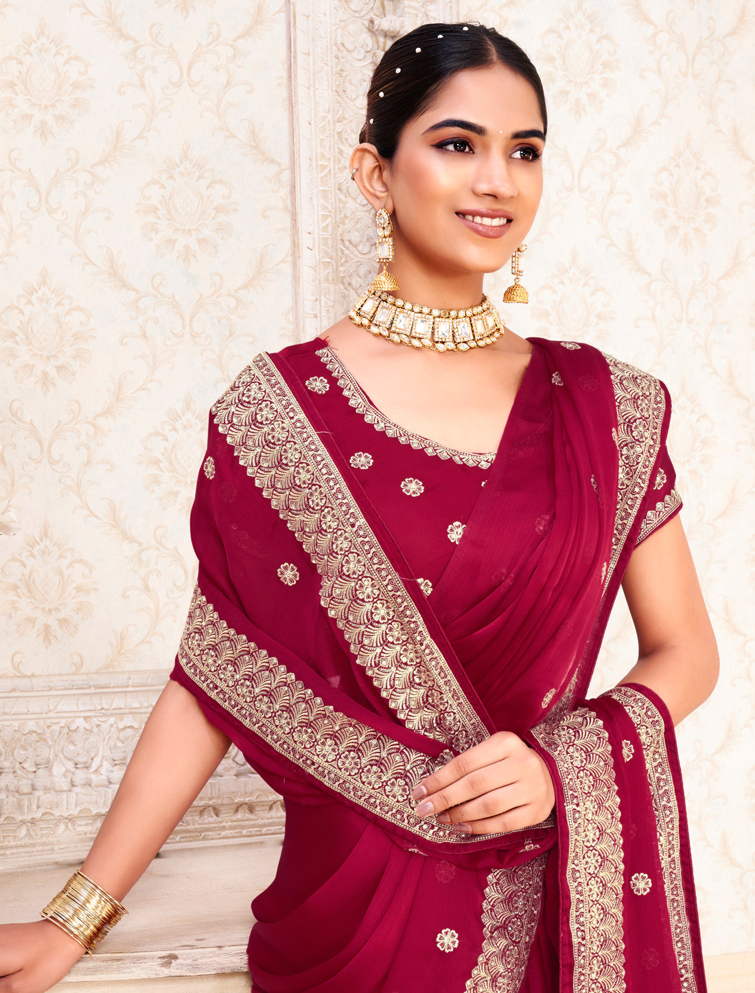 Exquisite Red Satin Chiffon Ethnic Saree For Women