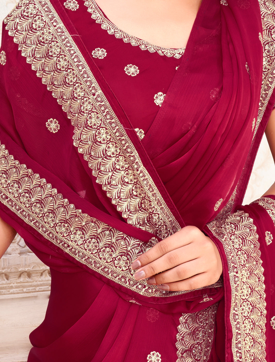 Exquisite Red Satin Chiffon Ethnic Saree For Women