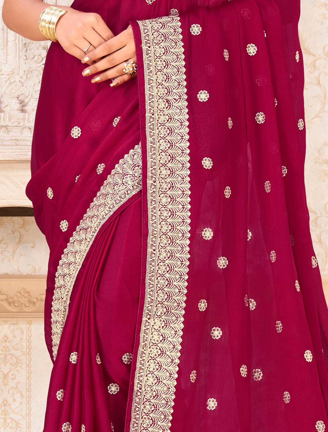 Exquisite Red Satin Chiffon Ethnic Saree For Women