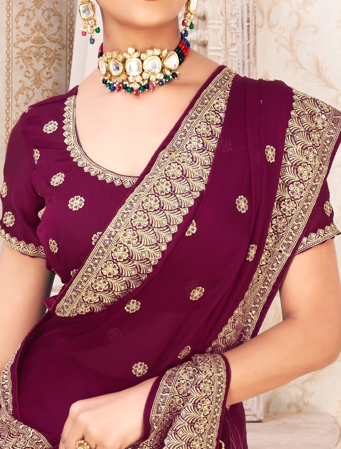 Brown Exquisite Ethnic Satin Chiffon Saree For Women