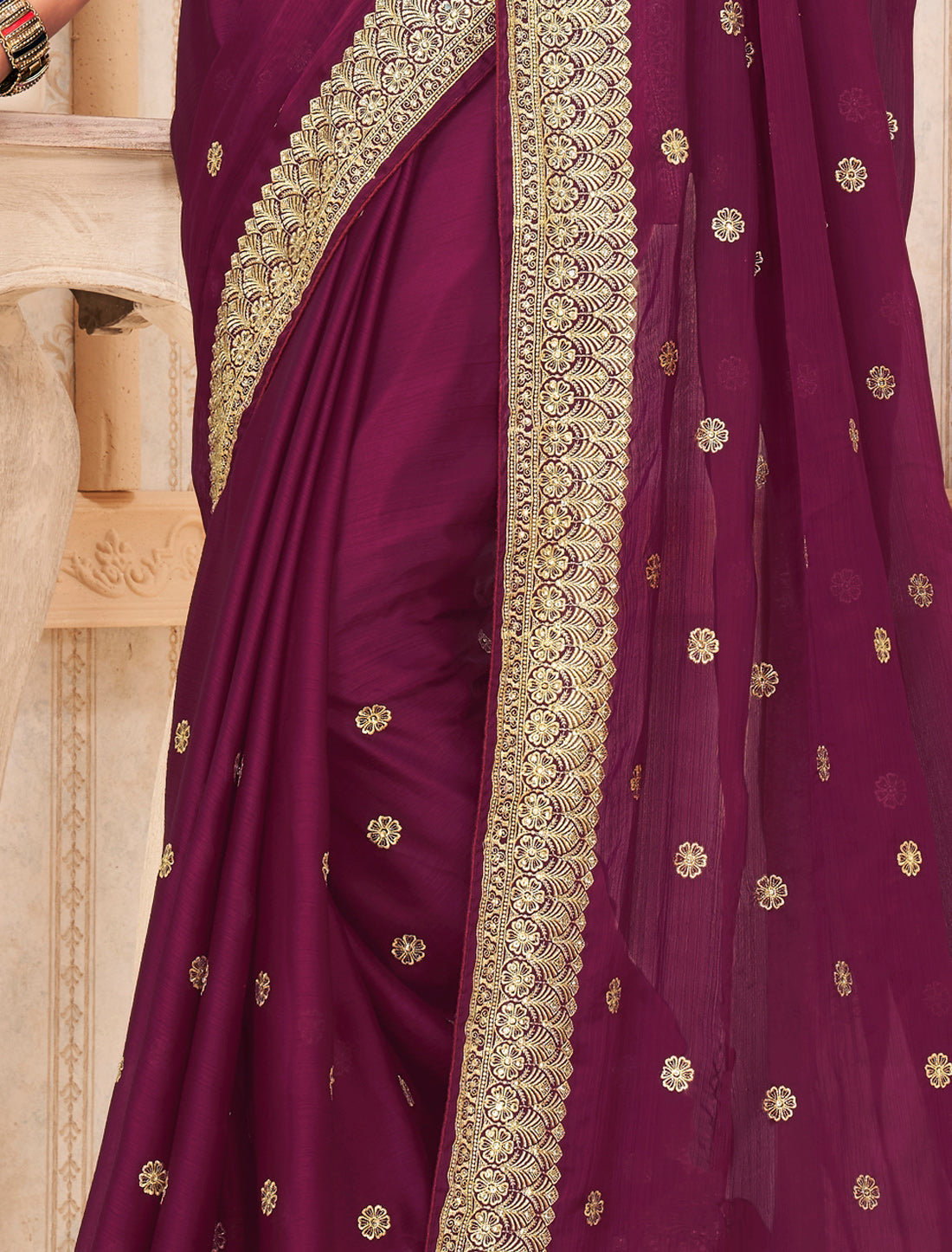 Brown Exquisite Ethnic Satin Chiffon Saree For Women