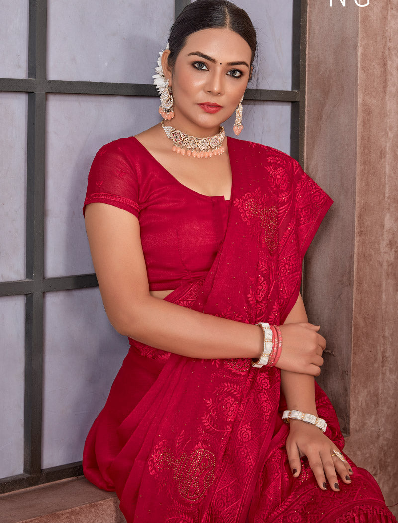 Red Sitara Chiffon Party Wear Designer Sarees | befashionate