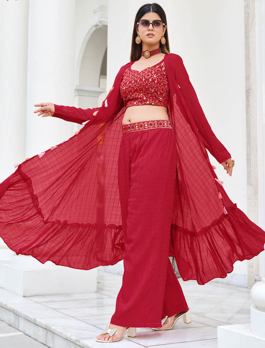 Regal Red Georgette Embroidered Stitched Koti Style Palazzo Co-Ords Set Style