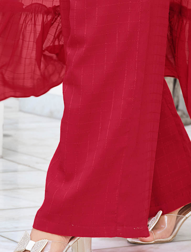 Regal Red Georgette Embroidered Stitched Koti Style Palazzo Co-ords Set Style