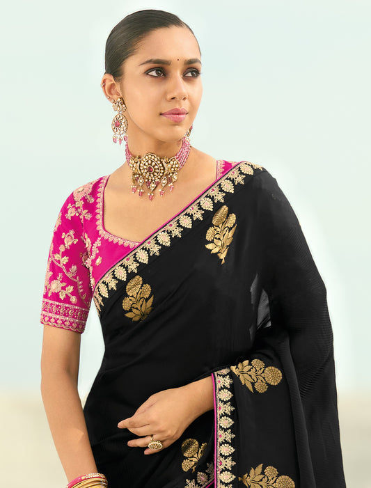 Balck Pure Orgenza Viscose Designer Party Wear Saree