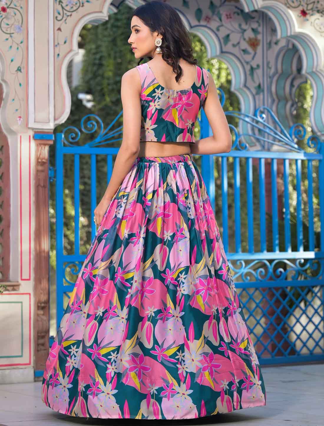Pink Georgette Floral Digital Print Micro Cotton Ethnic Lehenga Choli