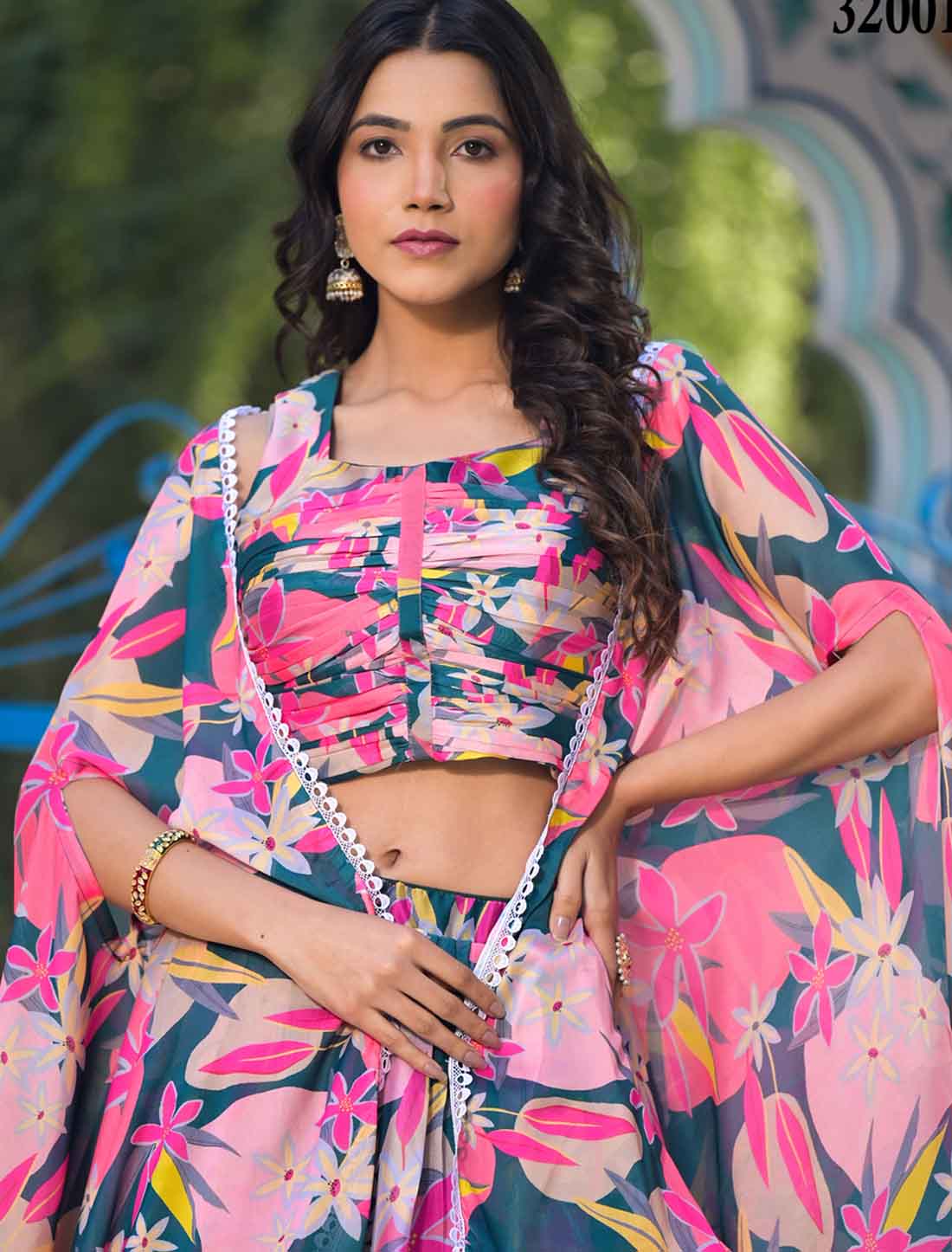 Pink Georgette Floral Digital Print Micro Cotton Ethnic Lehenga Choli