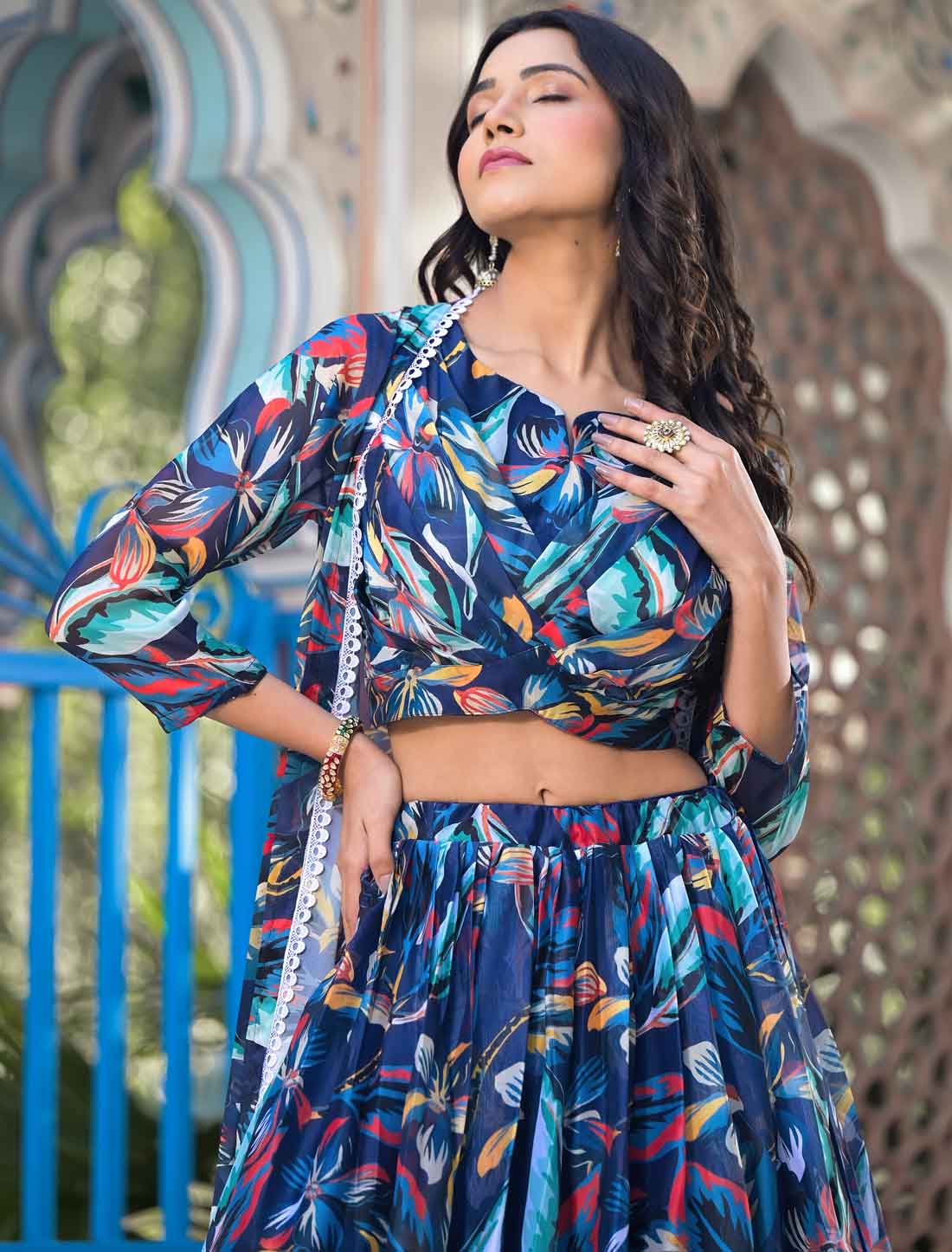 Blue Georgette Floral Digital Print Micro Cotton Ethnic Lehenga Choli