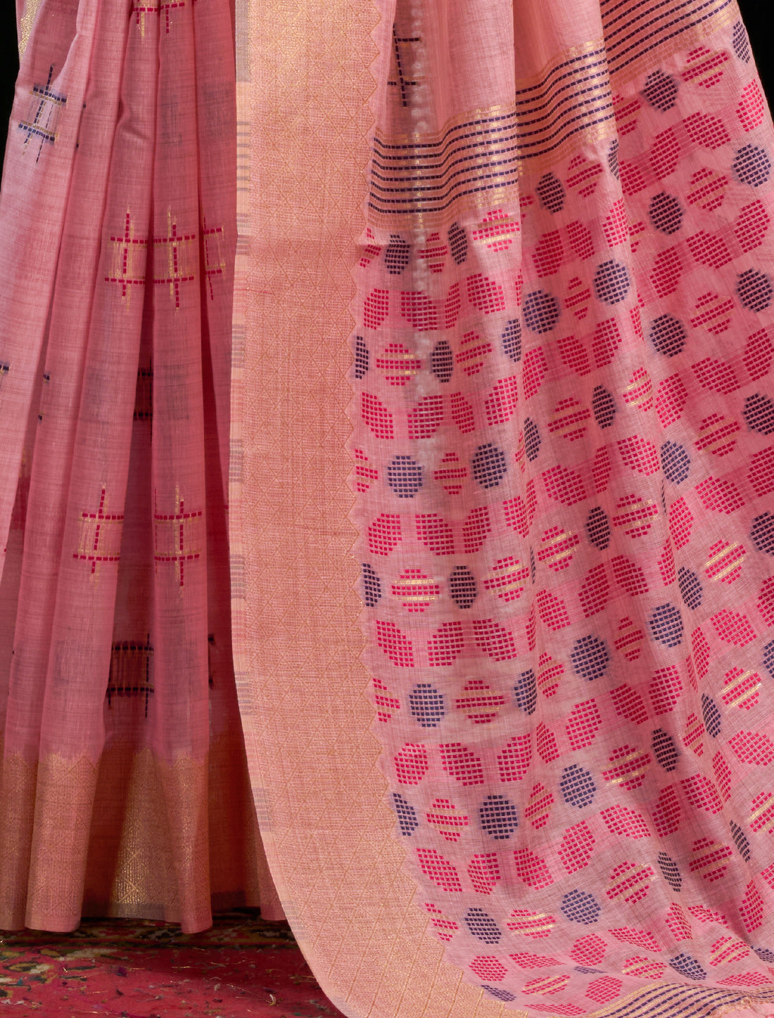 Ethnic Pink Soft Spun Cotton Jari Border With Zhallar Saree