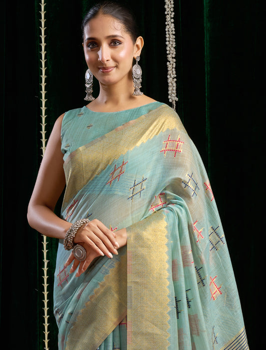 Blue Ethnic Soft Spun Cotton Jari Border With Zhallar Saree