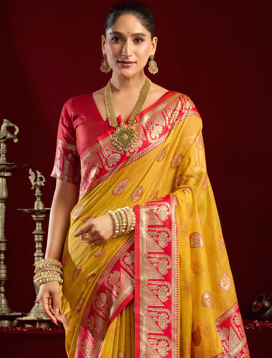 Red & Yellow Fancy Modal Banarasi Zari With Zhallar Ethnic Saree