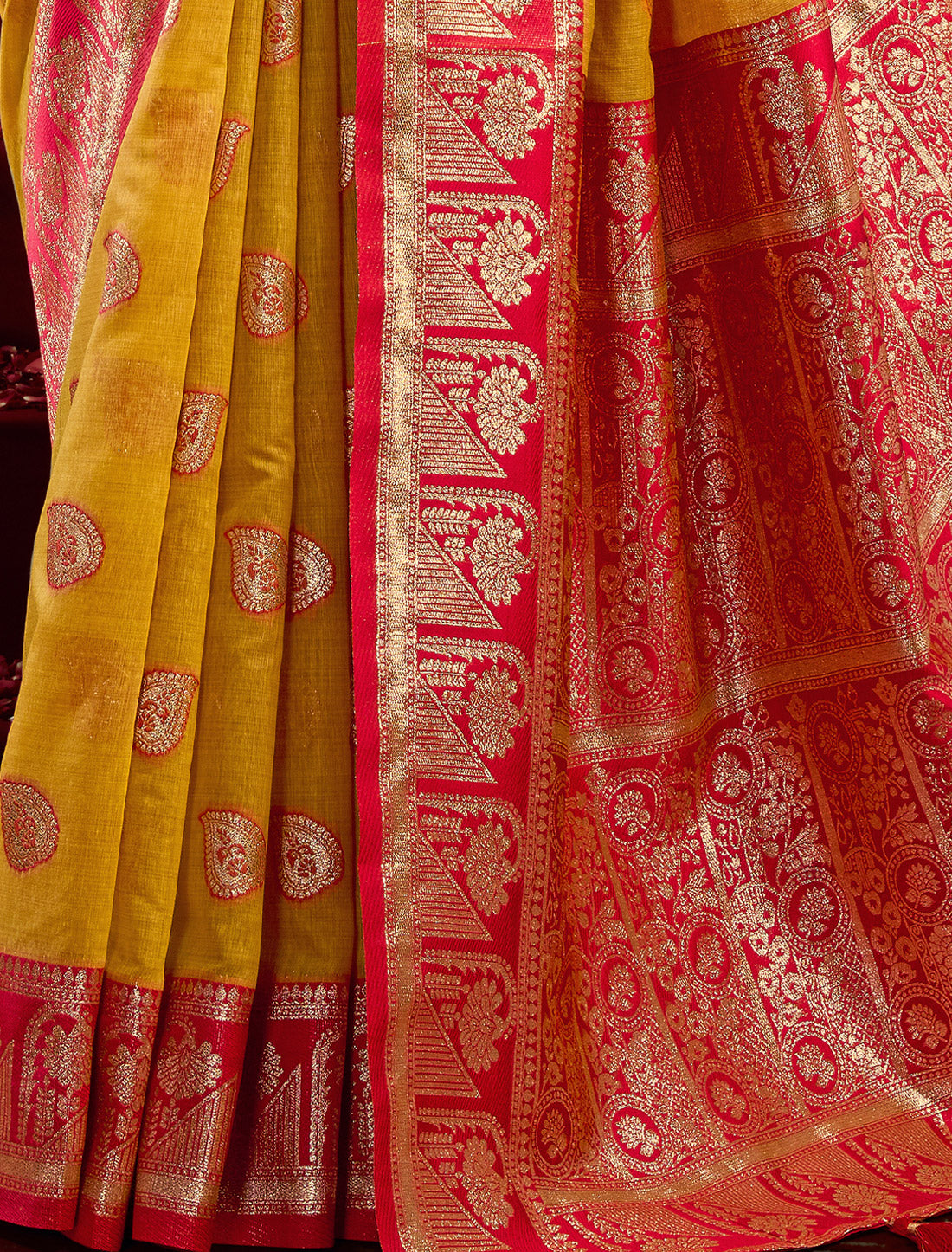 Red & Yellow Fancy Modal Banarasi Zari With Zhallar Ethnic Saree