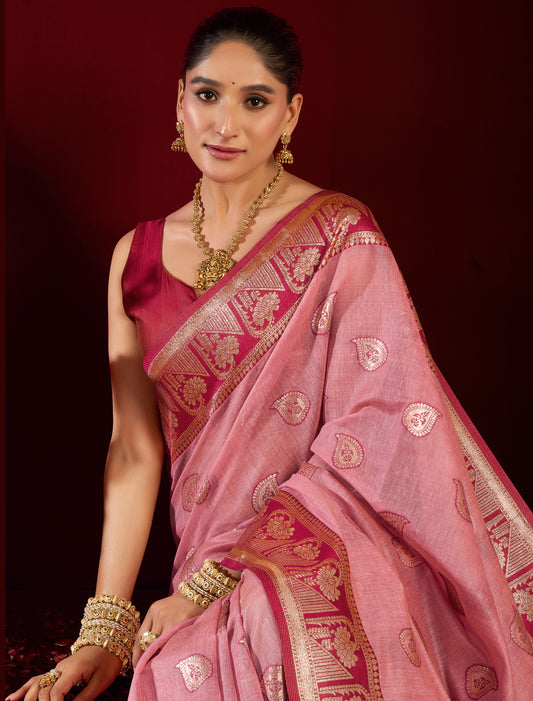 Ethnic Red & Pink Fancy Modal Banarasi Zari With Zhallar Saree