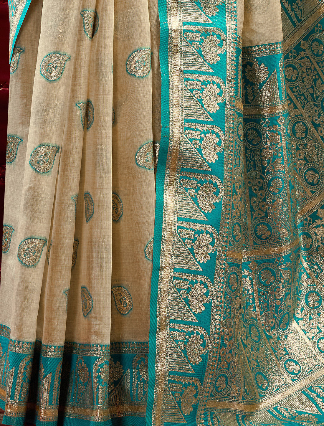Cream & Blue Fancy Modal Banarasi Zari With Zhallar Ethnic Saree