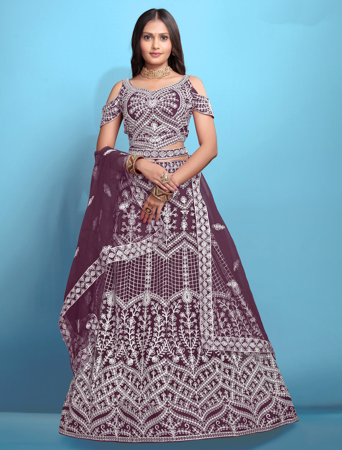 Purple Wedding Ethnic Embroidered Lehenga Choli Set