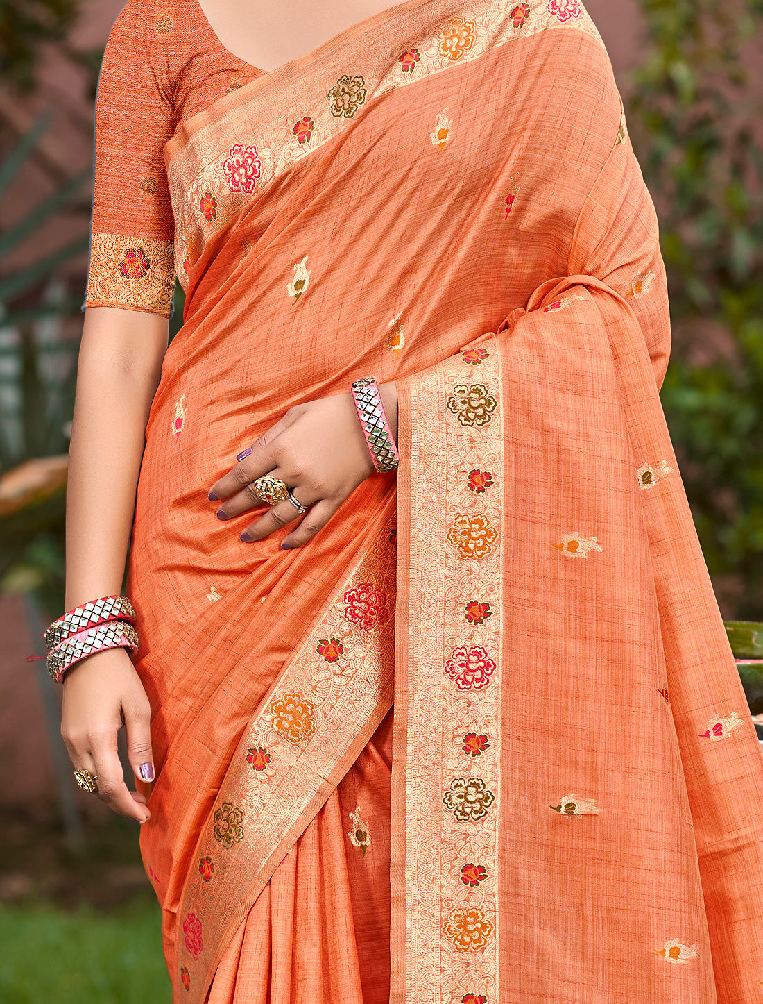 Orange Assam Silk Party Wear Saree With Meena Work