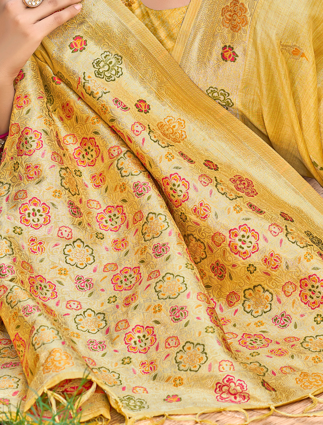Yellow Assam Silk Woven Party Wear Saree With Meena Work