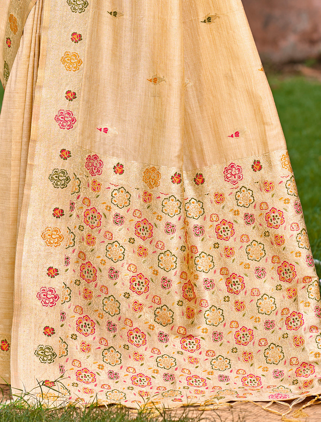 Beige Assam Silk Party Wear Saree With Meena Work