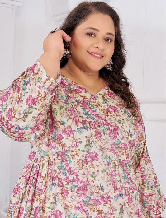 White & Pink Rayon Slub Ethnic Featuring Meticulously Full-Stitched Kurti