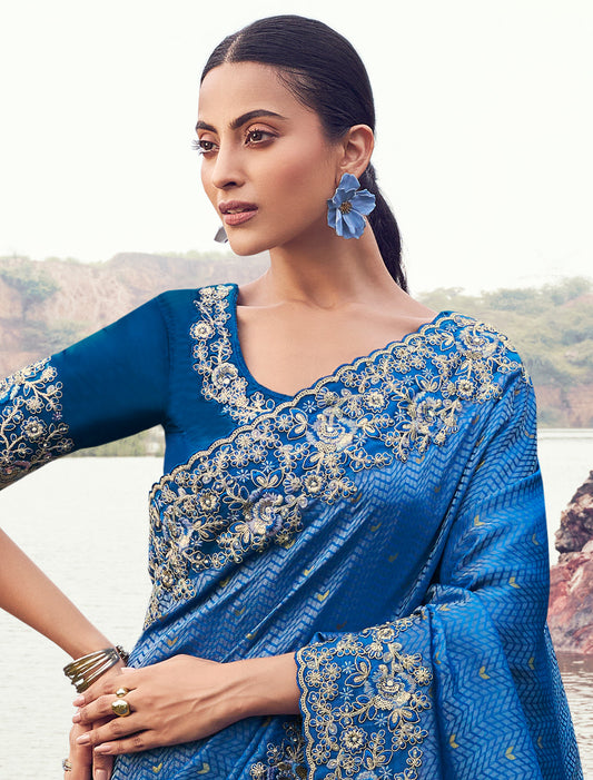 Royal Blue Pure Satin Silk Party Wear Saree Heavy Embroidery, Khatli work