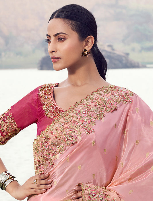 Pink Designer Saree Tissue Organza Silk Zari Weaving Embroidery Khatli Work