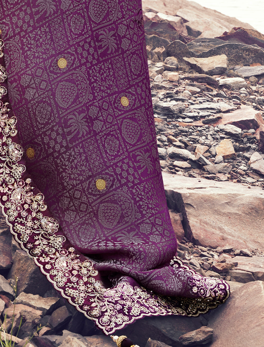 Exquisite Wine Designer Saree Pure Satin Silk Jacquard Embroidery