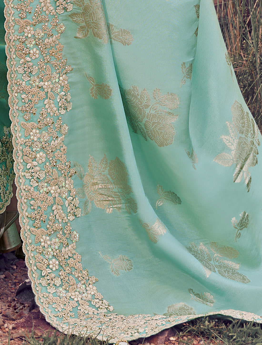 Designer Sky Blue Tissue Silk Saree Zari Weaving Jacquard Embroidery Khatli work