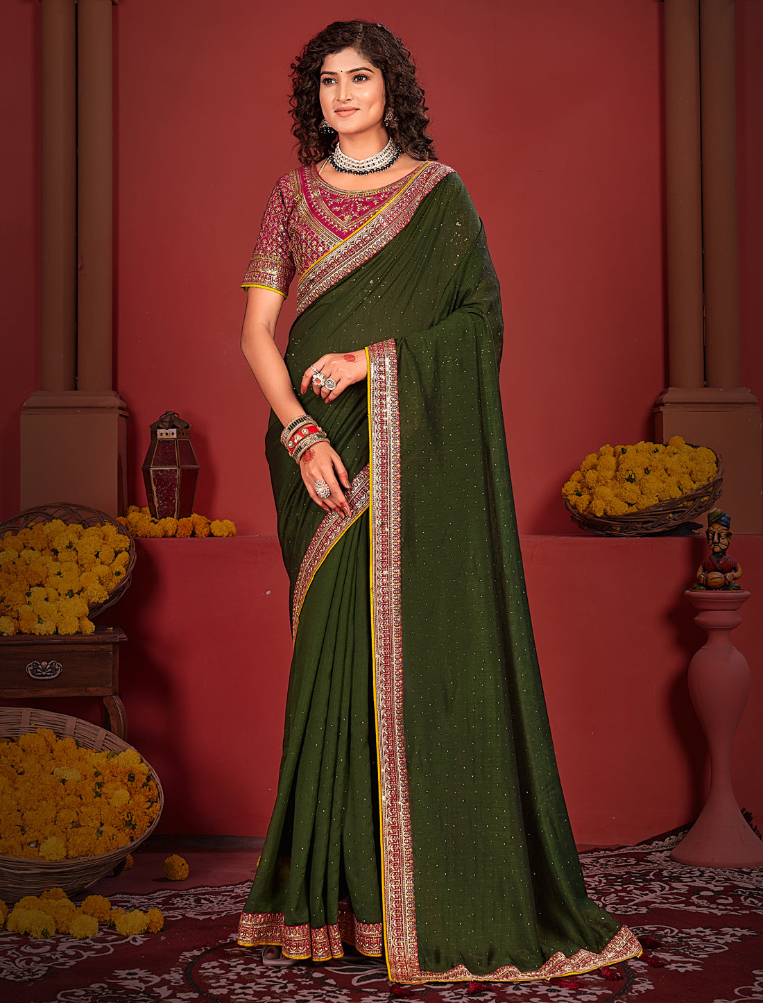Stunning Ethnic Green Saree With Heavy Work Blouse And Border
