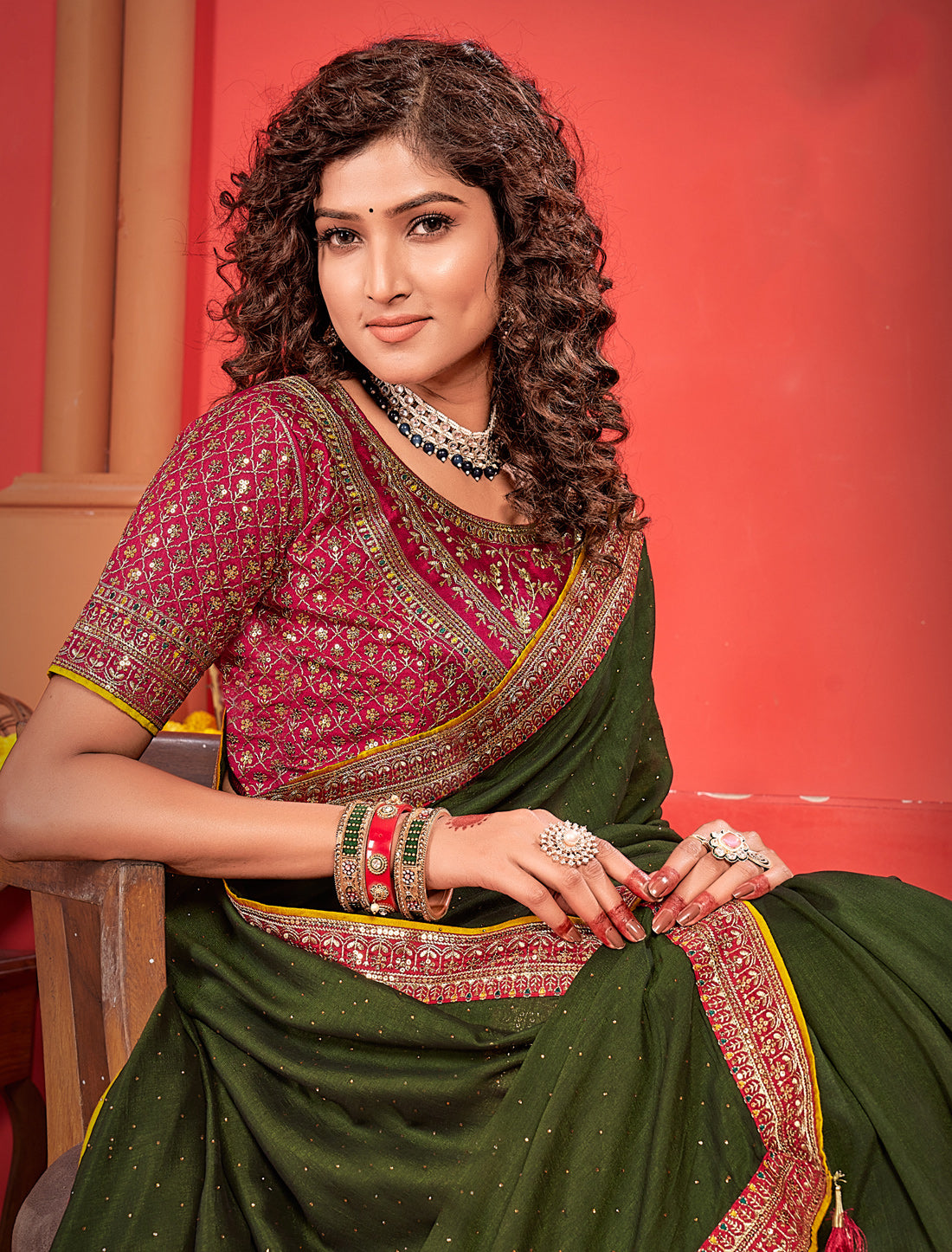 Stunning Ethnic Green Saree With Heavy Work Blouse And Border