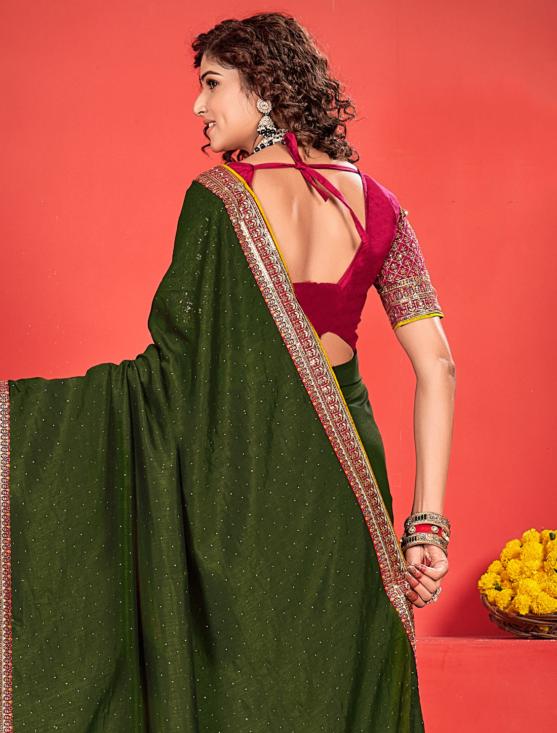 Stunning Ethnic Green Saree With Heavy Work Blouse And Border