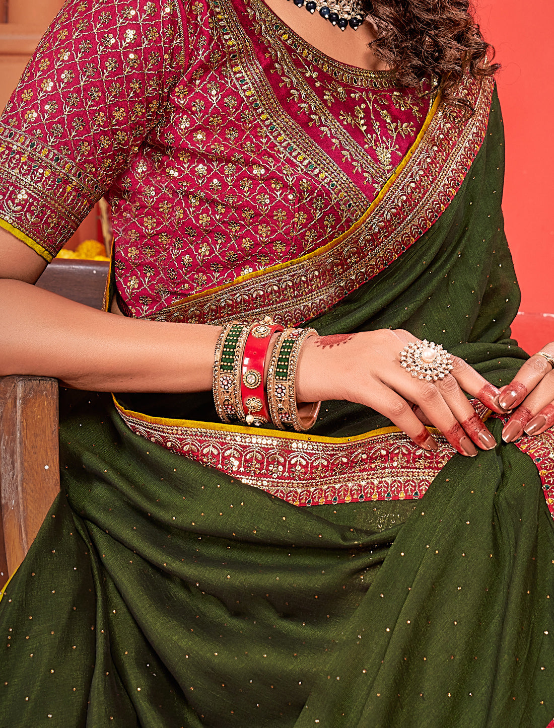 Stunning Ethnic Green Saree With Heavy Work Blouse And Border