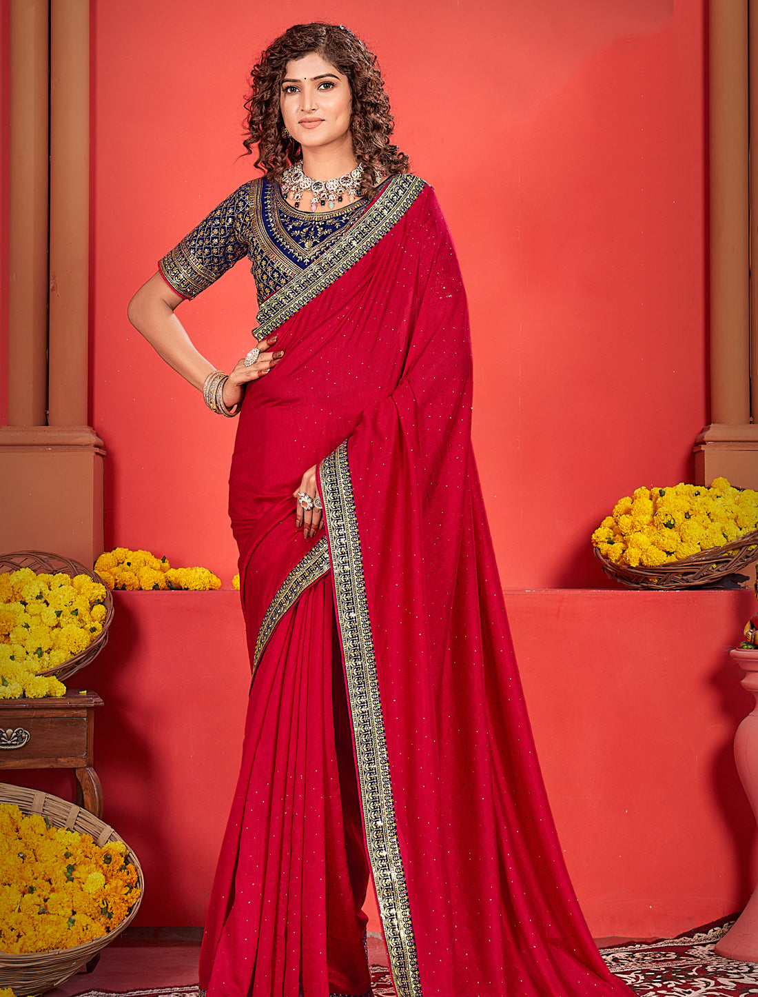 Red Vichitra Silk Ethnic Saree Heavy Work Blouse For Women
