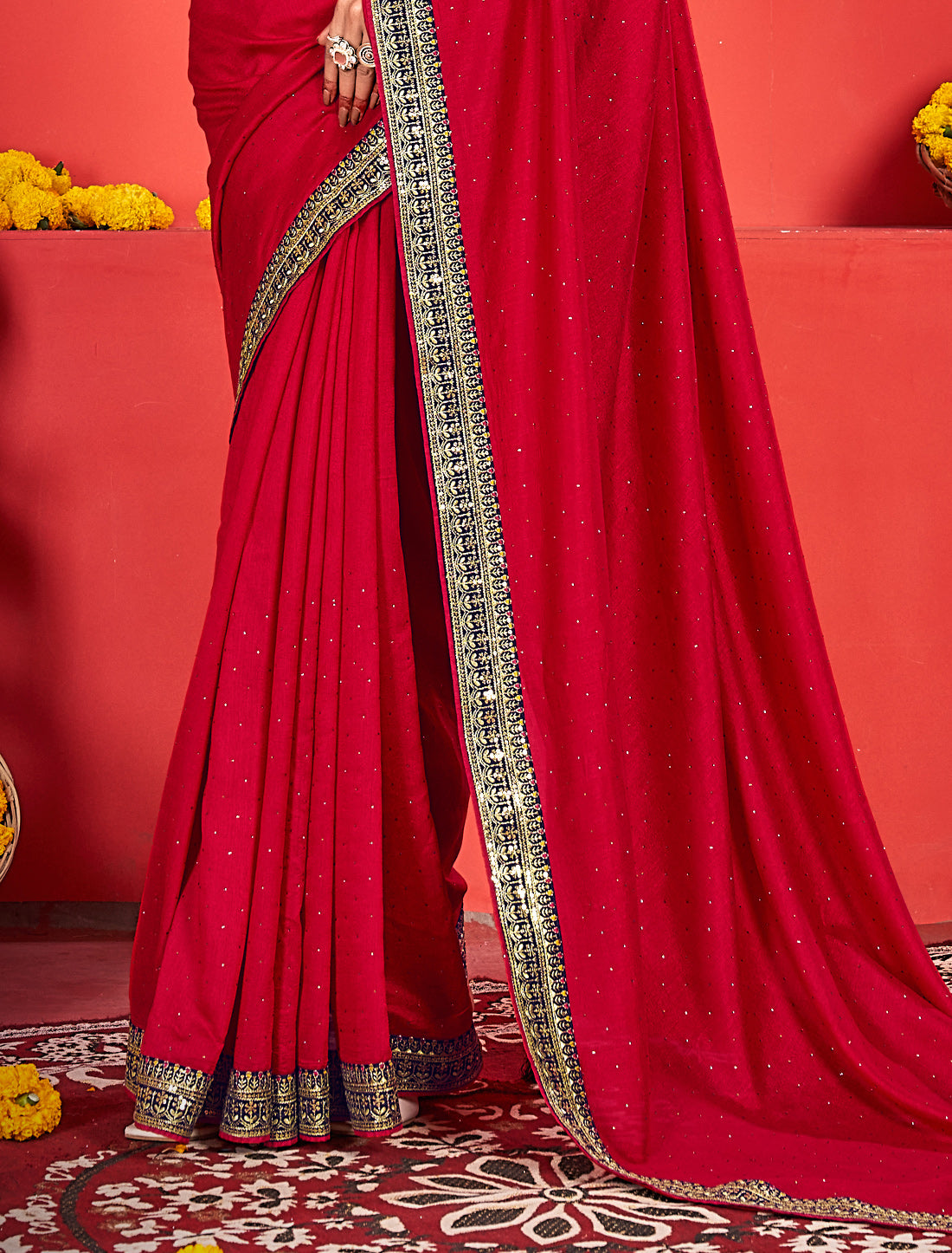 Red Vichitra Silk Ethnic Saree Heavy Work Blouse For Women