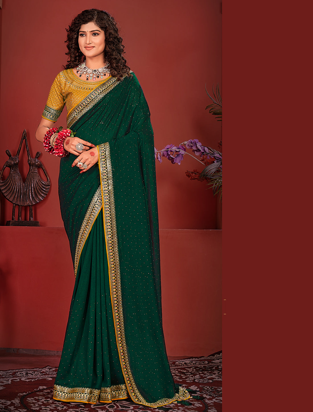 Green Ethnic Saree with Yellow Work Blouse For Women