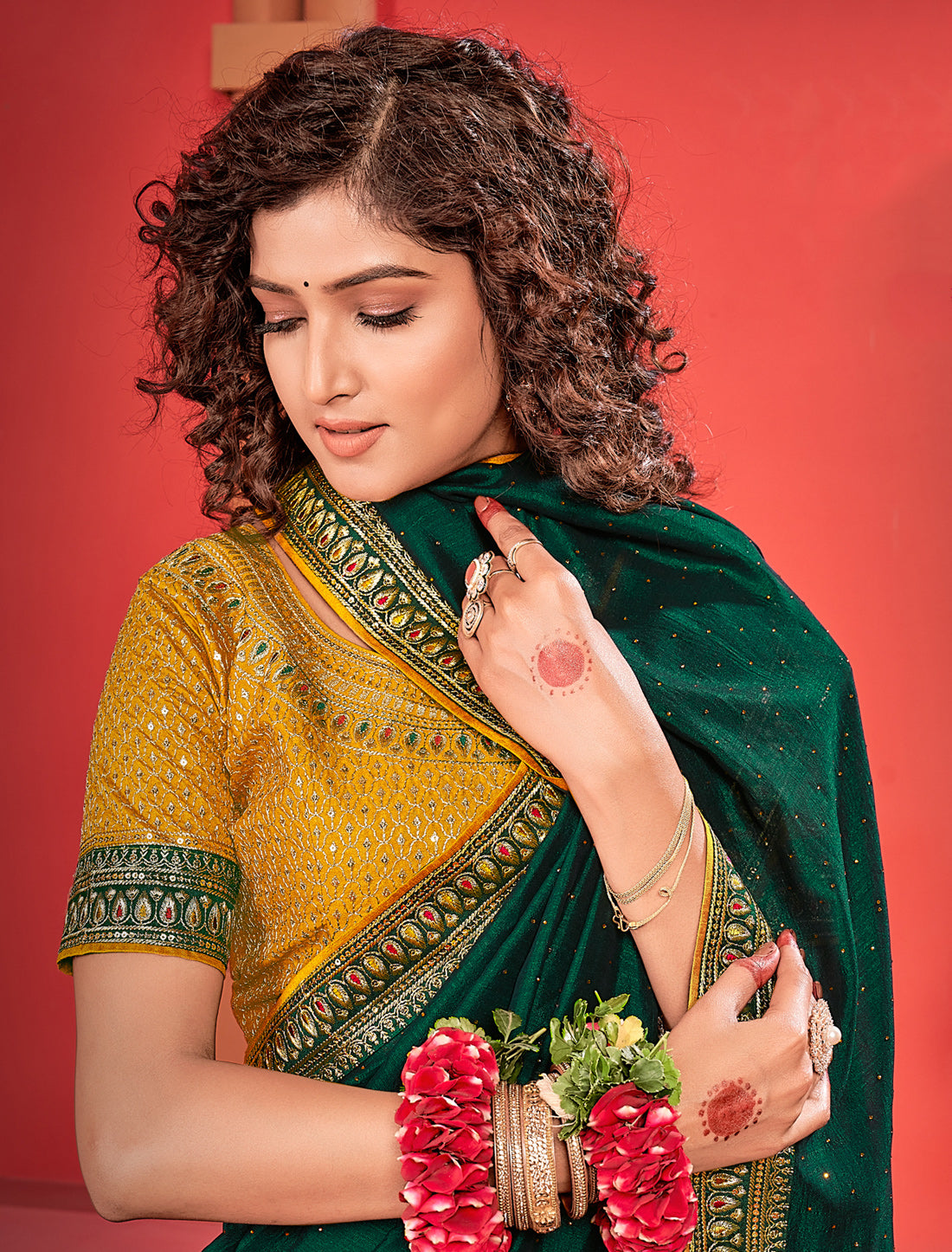 Green Ethnic Saree with Yellow Work Blouse For Women