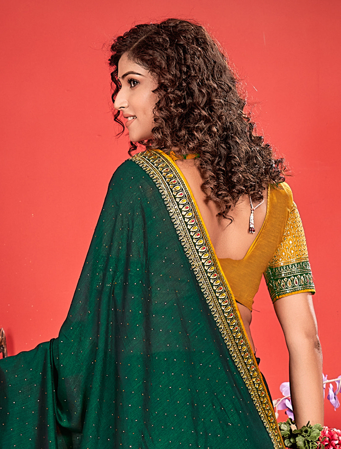 Green Ethnic Saree with Yellow Work Blouse For Women