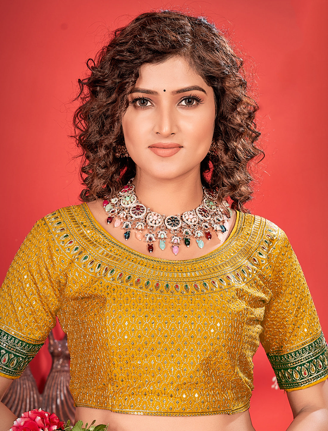 Green Ethnic Saree with Yellow Work Blouse For Women